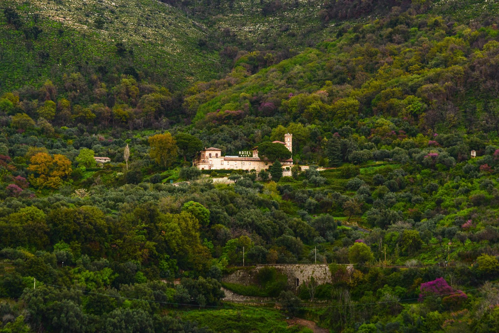 Vista panoramica della Riserva di Monte Catillo con boschi e pareti calcaree sopra Tivoli