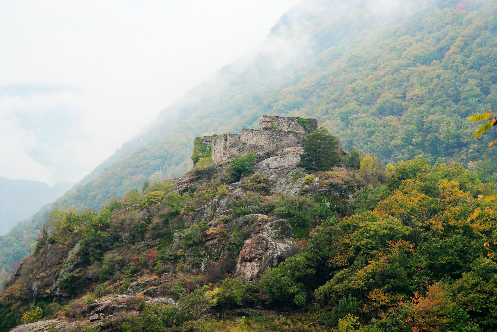 Castello di Canossa avvolto dalla nebbia autunnale di notte Castello di Canossa avvolto dalla nebbia autunnale di notte