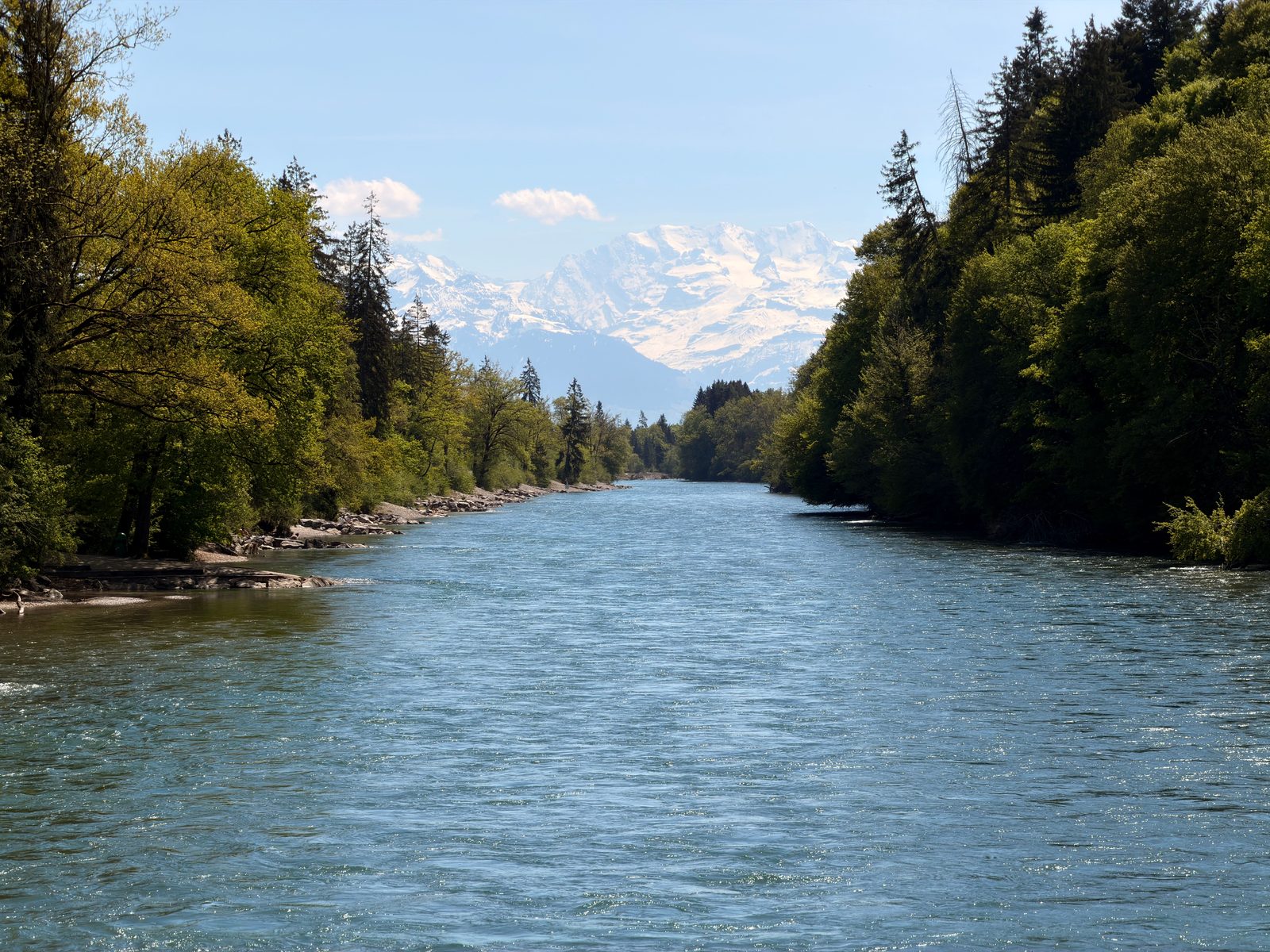 Il fiume Aar in Svizzera con le montagne alpine sullo sfondo in estate